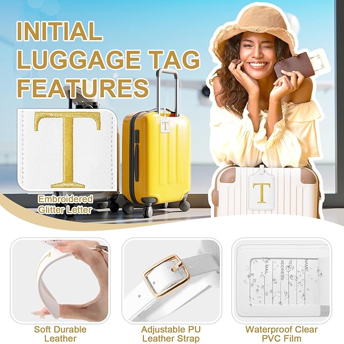 Personalized Initial Luggage Tags for Suitcase TSA Approved, White Leather Cute Luggage Tag with Privacy Cover Name Card, Embroidered Custom Luggage Tags Travel Baggage Tags Gifts for Women Kids(T)