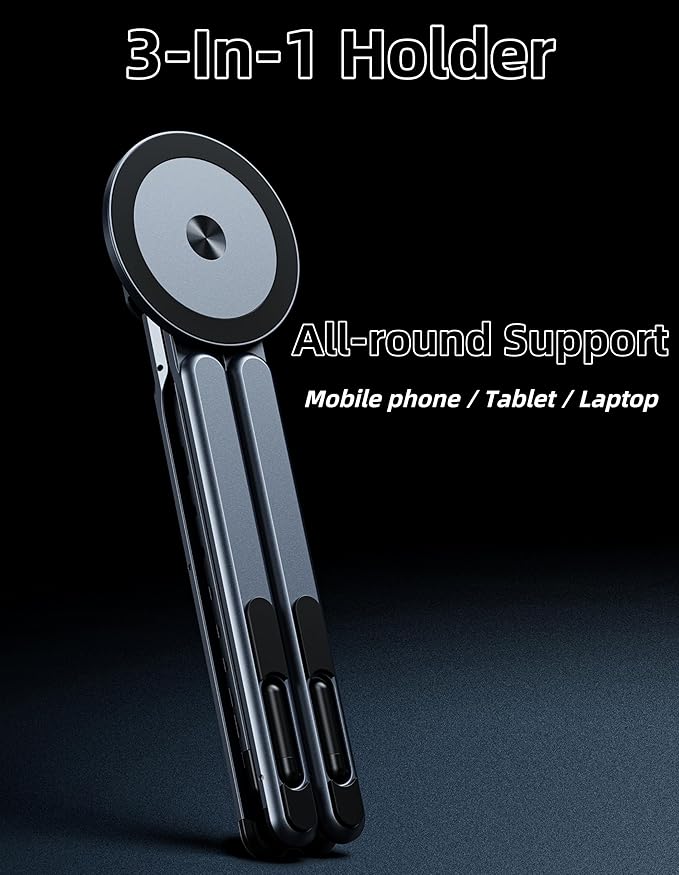3-in-1 Folding Aluminum Alloy Laptop Stand, Height Adjustable Ergonomic Computer Riser Holder for Phone/Tablets/Computers, Portable Notebook Mount for Desk