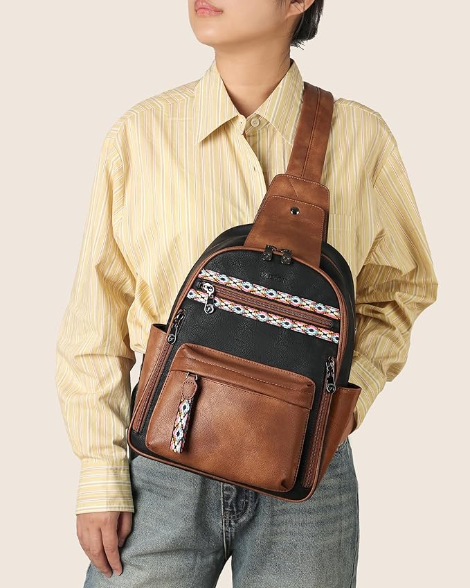 FADEON Large Sling Bag for Women, Leather Crossbody Purse Designer Anti Theft Sling Backpack, RFID Fanny Packs for Travel
