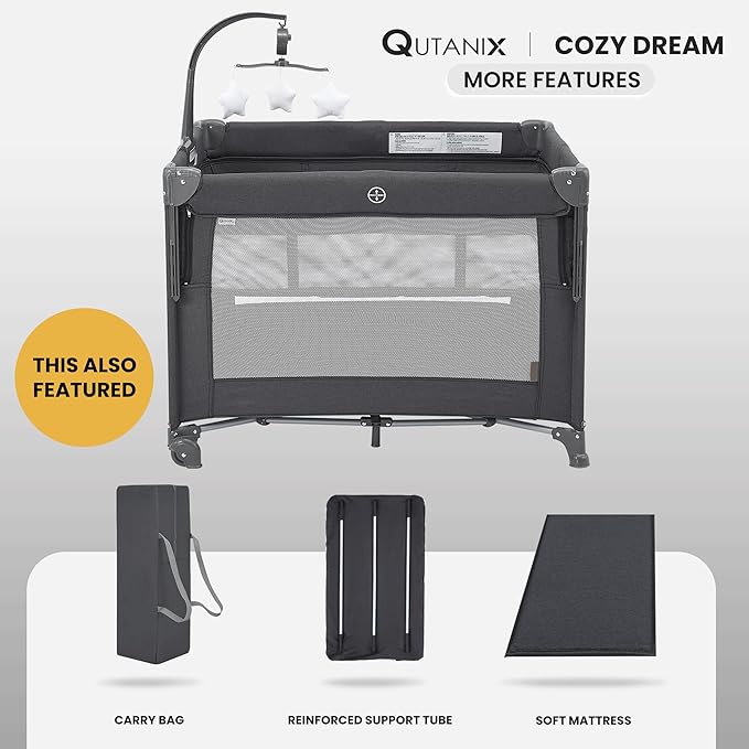 2-in-1 Pack and Play with Mattress,Baby Bassinet Bedside Sleeper, Bedside Bassinet & Baby Playpen, Easy Folding Portable Crib for Newborn to Toddlers (Dark Grey)