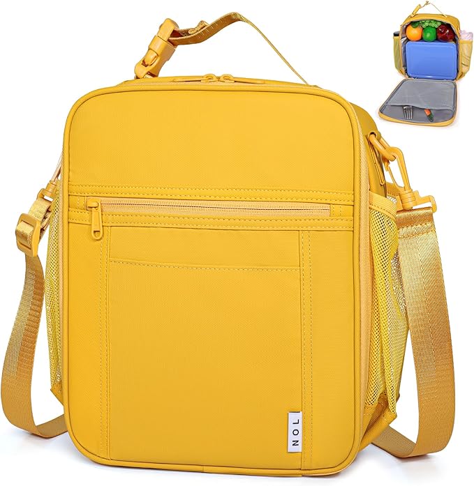 NOL Nylon Waterproof Kids Lunch Bag, Insulated Lunch Bag, Lunch box Cooler, Reusable, Zip Closure with Buckle Handle Holds Lunch Box, Snacks & Water Bottle for School Work, Earth-yellow