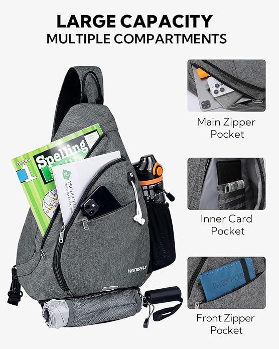 WATERFLY Large Crossbody Sling Bag: Over Shoulder Backpack Daypack Casual Cross Chest Side Pack