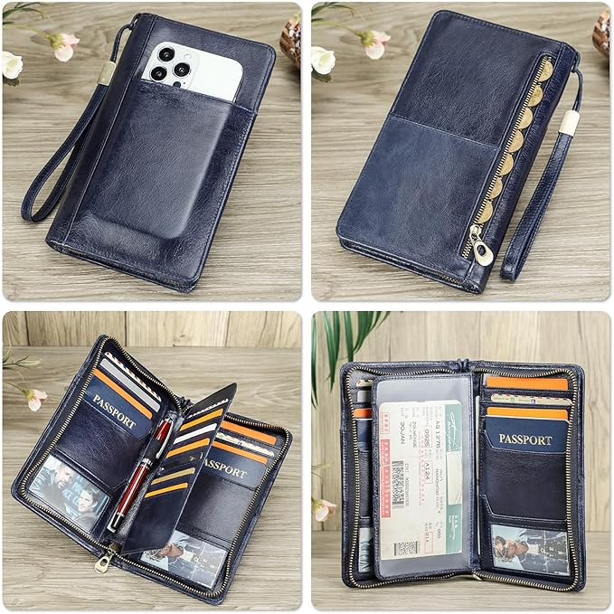 Top Grain Leather Travel Passport Wallet Holder for Man & Woman, Handmade with Three-Layer for 4 Passports & Multi Cards, RFID Blocking Large Capacity for Cards/Passports/Tickets, Blue