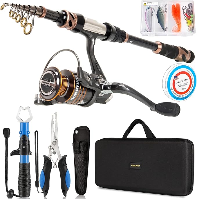 PLUSINNO Fishing Rod and Reel Combos - Carbon Fiber Telescopic Fishing Pole - Spinning Reel 12 +1 Shielded Bearings Stainless Steel BB