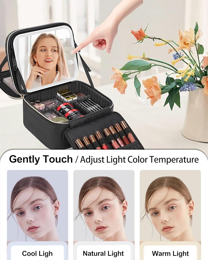 Travel Makeup Bag with LED Mirror Double Layer Makeup Case with Lighted Mirror Dual Layer Cosmetic Train Case Portable Artist Organizer Bag with Dividers and Rechargeable Vanity (Black, Small)