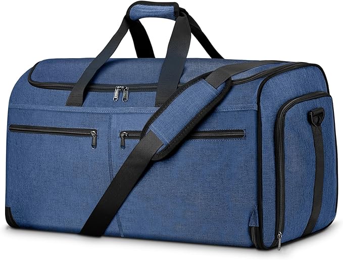 Large Garment Bag for Travel, Bukere Convertible Suit Travel Garment Duffel Bag for Men Women Business, Shoe Compartment, Detachable Shoulder Strap, Multi-Function 2 in 1 Weekender Bag, Blue
