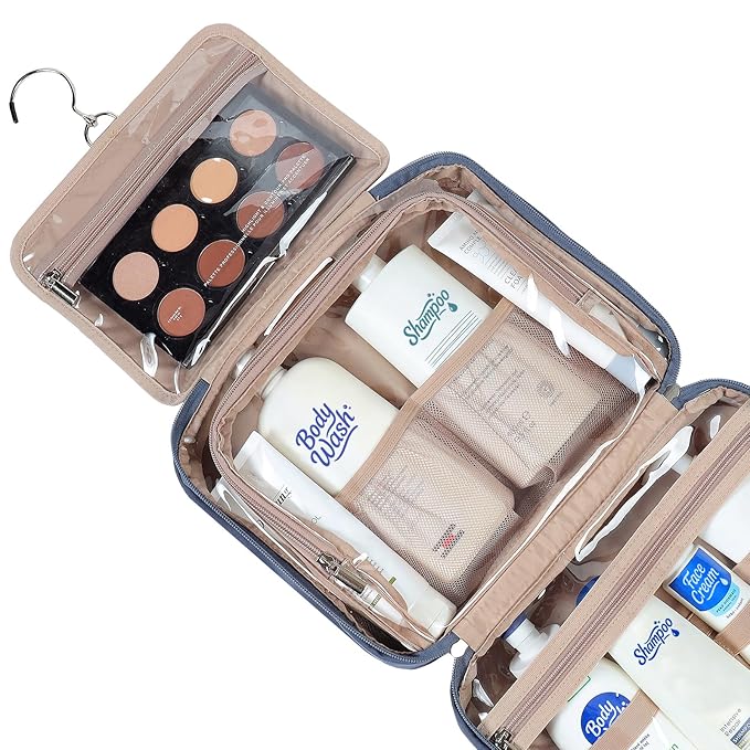 NISHEL Travel Toiletry Bag for Women Large Capacity, Makeup Essentials Organizer, Hanging Case for Accessories, Cosmetics, Aegean-Blue