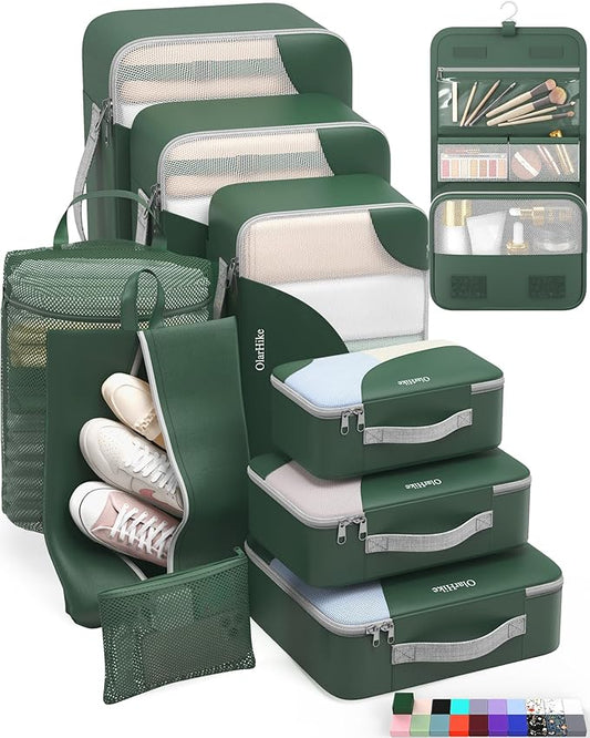 ALL INCLUDED 10 Set Durable Packing Cubes for Suitcases,OlarHike Essentials for Travel,UPGRADED Anti-Tear Stitching, NEW Improved Luggage Packing Organizers for Travel Accessories (Dark Green)
