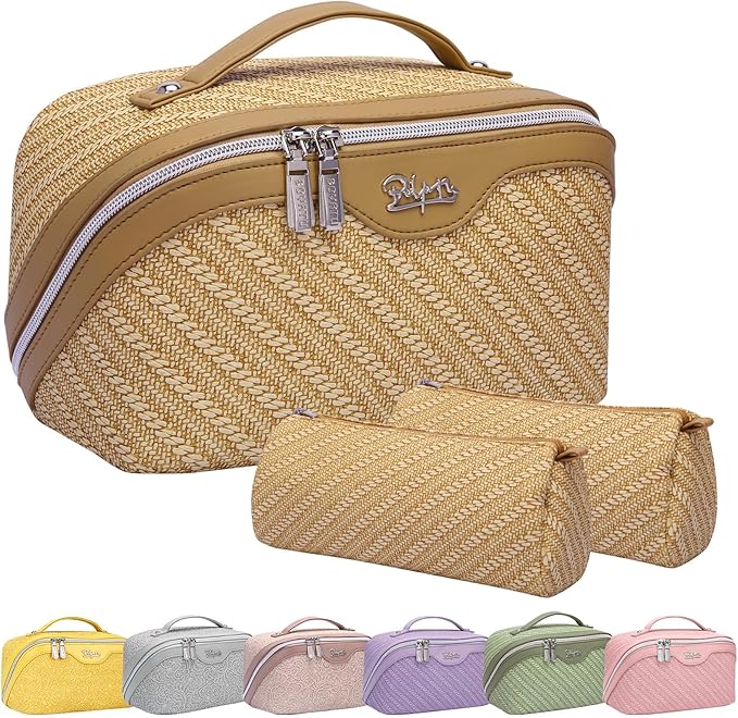 BOYATU Travel Makeup Bags for Women: Large Cosmetic Bag Waterproof - Vegan Leather Make up Bag Set of 3 - Compact Toiletry Organizer with Compartments & Handle & Divider (Z-Brown)