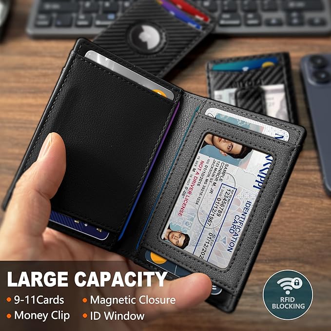 Airtag Wallet for Men- with Money Clip Gift Boxed, Magnetic Closure Slim Genuine Leather Front Pocket Wallet, 4.1"x 2.8", RFID Blocking