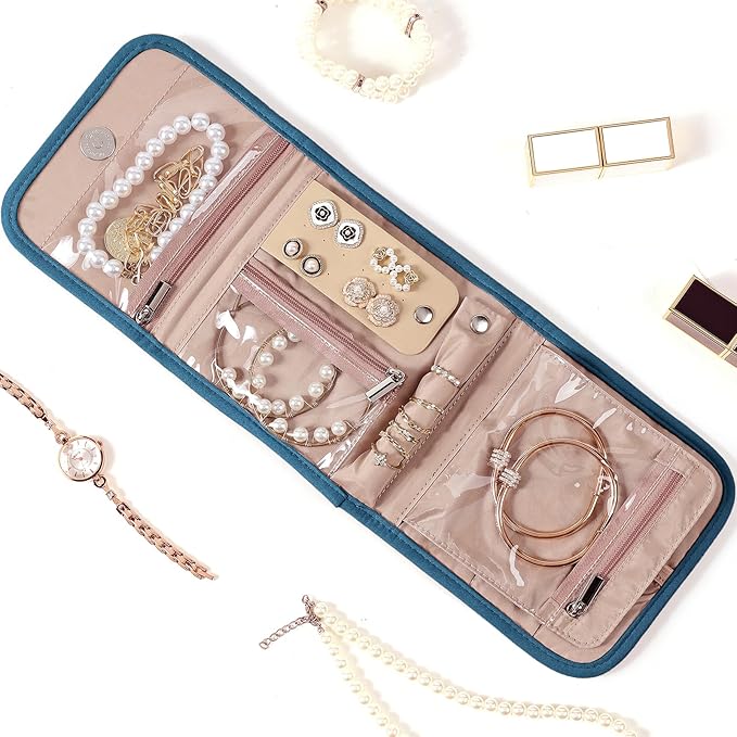 BELALIFE Travel Jewelry Case Organizer, Small Foldable Storage Roll for Earrings, Necklaces, Rings, Bracelets, Brooches, Lake-Blue