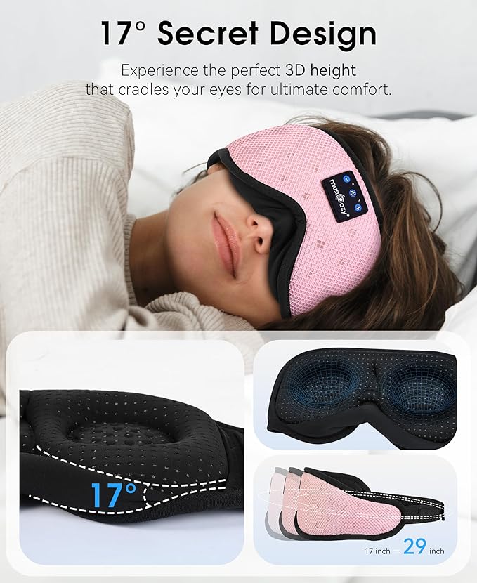 MUSICOZY Sleep Headphones Breathable Sleep Mask Bluetooth 5.4 Wireless Earphones Mask Sleeping Eyemask for Side Sleepers for Women Men Travel Meditation Gift (Mesh Pink)