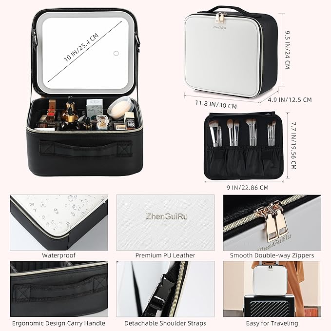Travel Makeup Bag with LED Mirror – Waterproof Cosmetic Train Case with Adjustable Dividers, Portable Makeup Organizer and Toiletry Bag for Women, Teens & Girls Gift, White