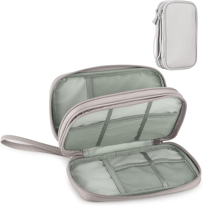 Leather Travel Electronic Organizer - Double Layer, Waterproof Case for Cables, Chargers, Phones & More - Portable, Shockproof Pouch for All Your Electronics Accessories (Grey, M)