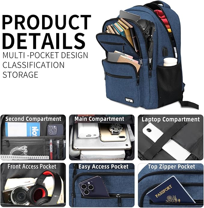 Backpack for School, School Backpack for Boys Girls Teens, College Book Bag, Water Resistant Bookbag, Back Pack for Men Women, Business Work Travel Blue
