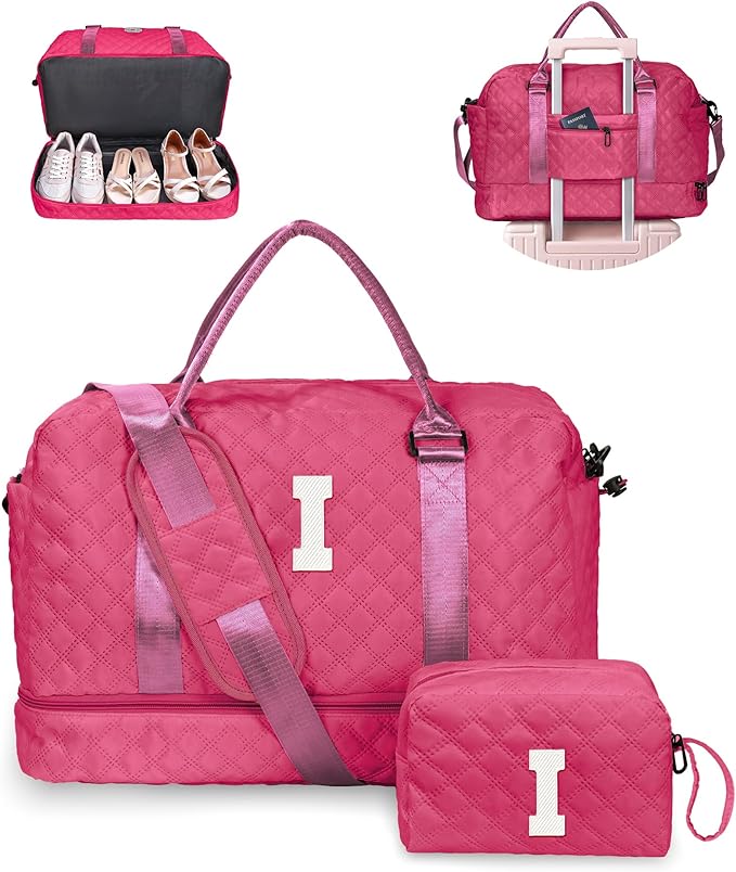 Monogrammed Gift for Woman, Gifts for Women-Initial Travel Bag with Shoe Compartment, Personalized Weekender Bag, Monogram Overnight Bag for Women, Travel Bag with Makeup Bag (Letter I)