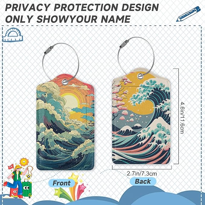 2 Pack Luggage Tag for Suitcase, Waves Sunrise Leather Bag Tags Identifiers Privacy Cover ID Label with Durable Steel Loop for Women Men Kids Girls Travel