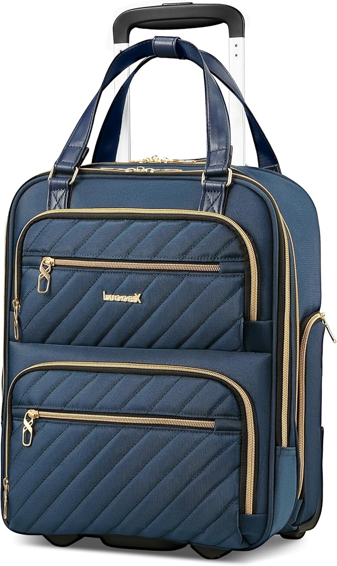 LUGGEX Underseat Carry On Luggage with Wheels, Stylish Lightweight Under Seat Luggage, Soft Sided Personal Item Suitcase for Short Trip (Blue, 16 Inch)