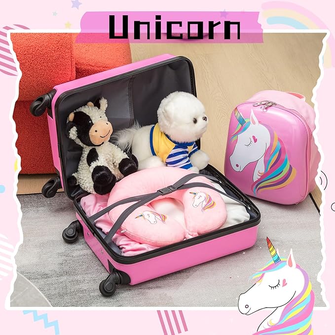 Sanwuta 4 Pcs Kids Luggage Set Kids Backpack Travel Rolling Suitcase with Wheels U-shape Pillow Childrens Gift for Girls Boys(17 Inch,Unicorn Style,Pink)