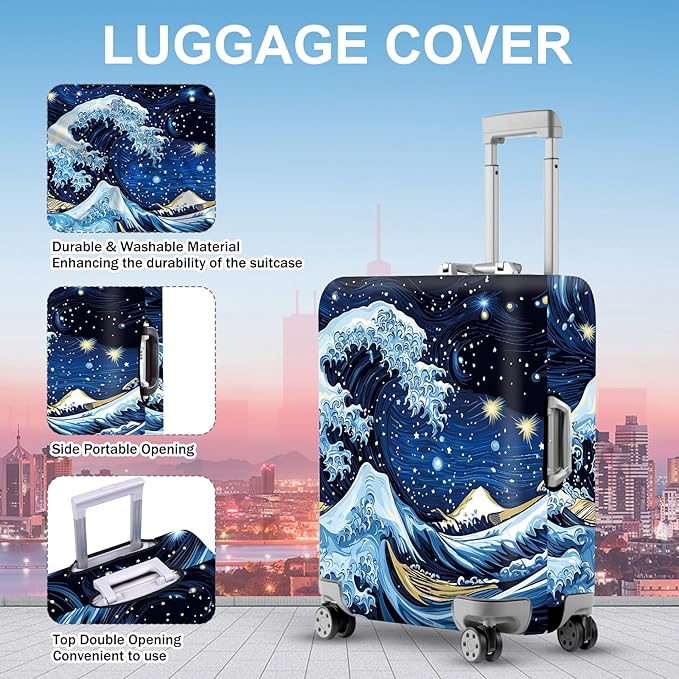 ANNA QUEEN Starry Ocean Wave Luggage Cover, Suitcase Protector with Artistic Van Gogh Style, Stretchable, Washable Travel Cover for 20-22 Inch Luggage