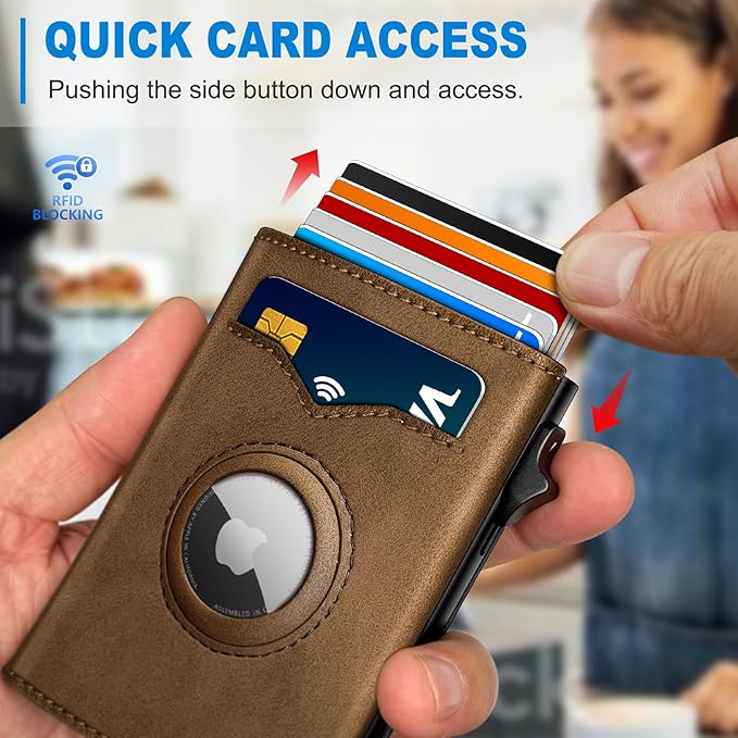 Airtag Wallet for Men,with Cash Pocket 2 ID Window 9-12 Cards,Metal Case Smart Slim Pop Up Credit Card Holder Flip with Magnetic Closure RFID Blocking Trifold wallet with Gift Box