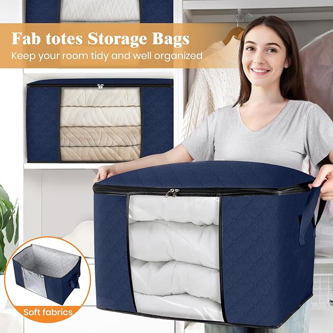 Fab totes 24 Gallons Clothes Storage, Foldable Thick Fabric Blanket Storage Bags, Containers for Organizing Bedroom, Closet, Clothing, Comforter, Organization with Handle (8 Pack,Blue)