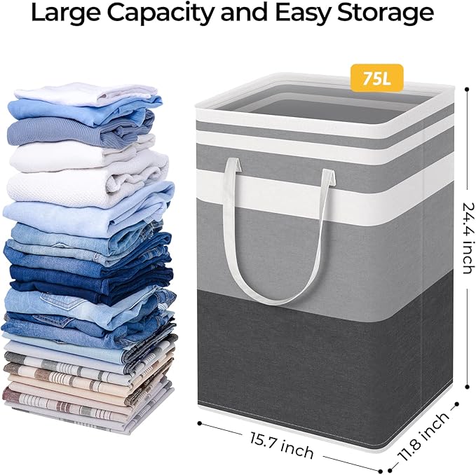 HomeHacks 2 Pack Large Laundry Baskets, Waterproof, Freestanding Laundry Hampers, Collapsible Clothes Hamper with Reinforced Handles in Laundry Room, College Dorm, Bathroom, Bedroom (Grey, 75Lx2)