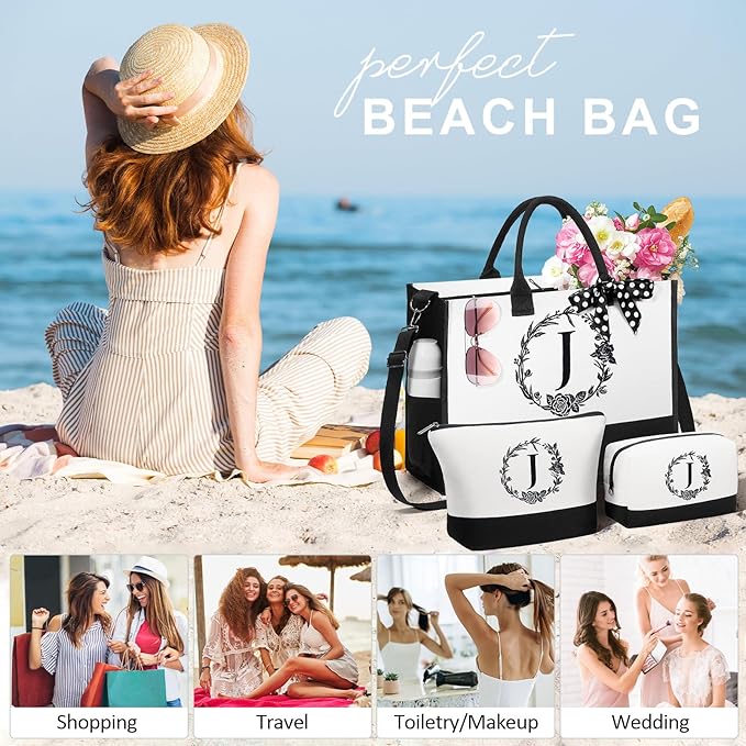 Personalized Christmas Gifts for Women, Initial Canvas Tote Bag & Makeup Bag Monogrammed Beach Tote Bags for Women w/Zipper, Birthday Gifts for Mom Her Sister Friend Girlfriend Wife Daughter Teacher