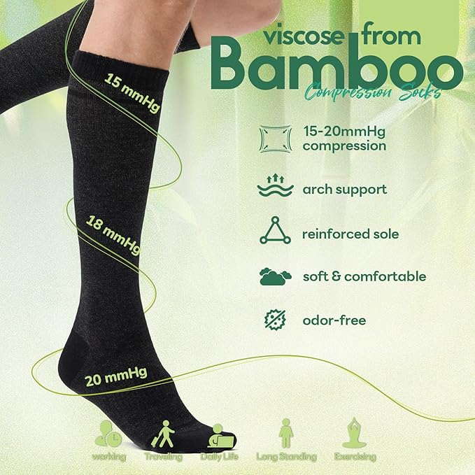 Mens Compression Socks for Men Women, 15-20 mmHg Bamboo Viscose Knee High Soft Support for Travel Daily