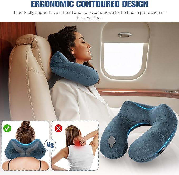 Rewondah Inflatable Travel Pillow for Sleeping Airplane - Inflatable Neck Pillow for Traveling on Plane with Washable Cover, Blow up Neck Travel Pillow for Airplanes, Cars - Portable and Comfortable