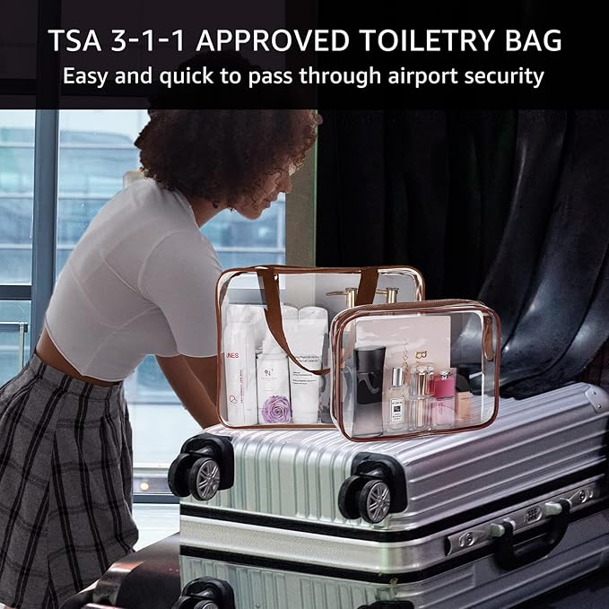3Pcs Crystal Clear PVC Travel Toiletry Bag Kit for Women Men, Waterproof Vinyl Packing Organizer Storage Bags with Zipper Handle Straps, Cosmetic Pouch Carry on Airport Airline Compliant Bag Handbag