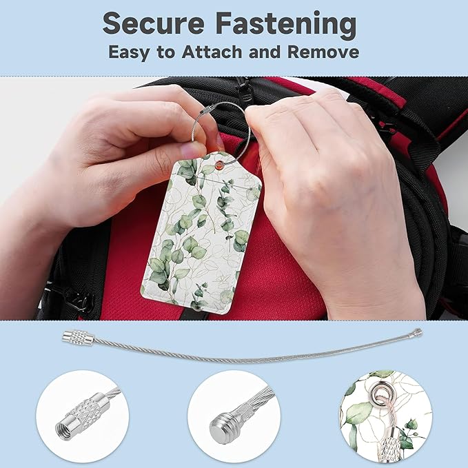 2 Pack Leather Luggage Tag for Suitcase Green White Eucalyptus Leaves Unique Travel Tags with Privacy Cover ID Label & Stainless Steel Loop for Men and Women Baggage