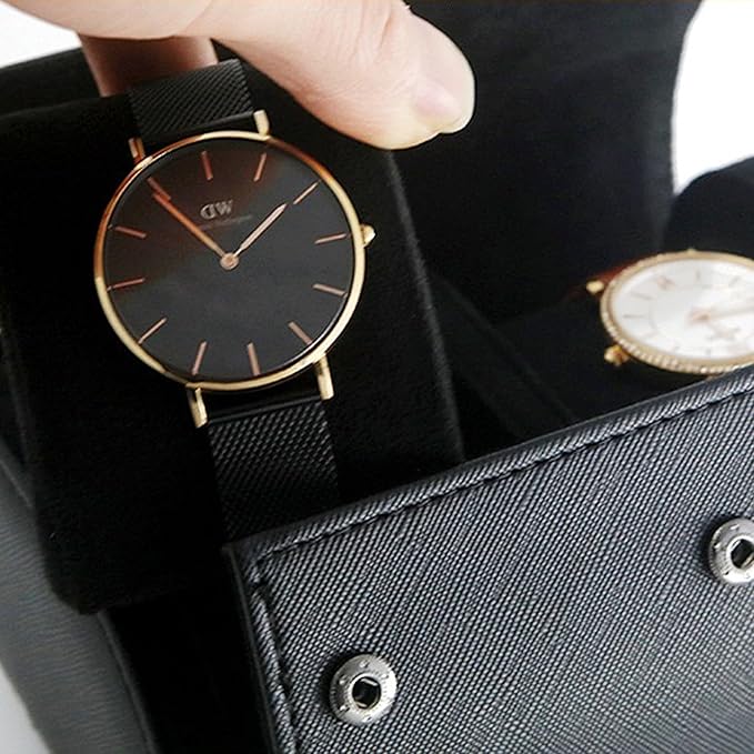 Longjet Watch Roll Travel Case for Men Portable Watches Organizer Box with Removable Velvet Pillow Holder (2 Slot Black Cross)
