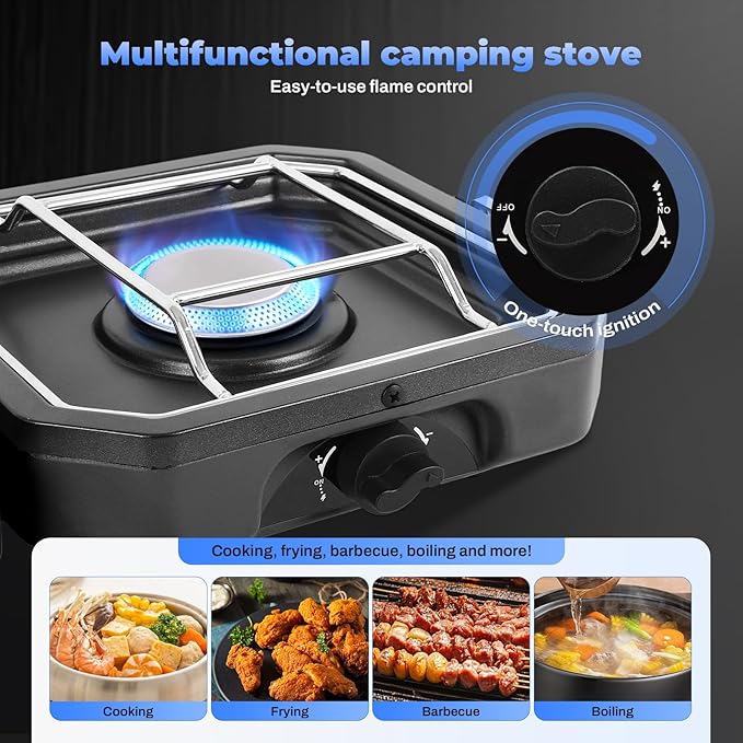 Adjustable 2 Burner Portable Camping Stove Propane (16000 BTU) with Camping Grill and Carrying Bag, Folding Propane Stove,Gas Camping Stove with Piezo Ignition for Camping, Backyard BBQ, Black