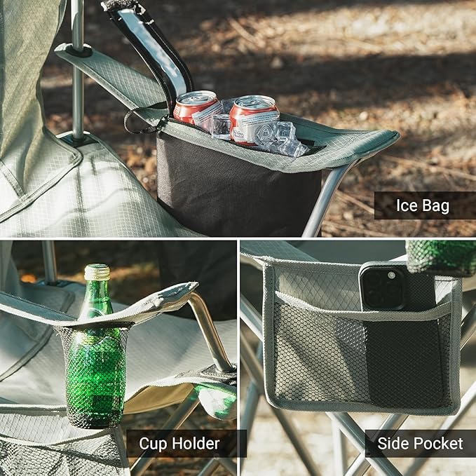 Camping Folding Chair Outdoor Lawn Portable Lightweight Camp Folding Chairs for Adult Outside with Cup Holder, Cooler Pouch & Side Pocket for Camping, Beach, Fishing, Sports or Tailgating Events