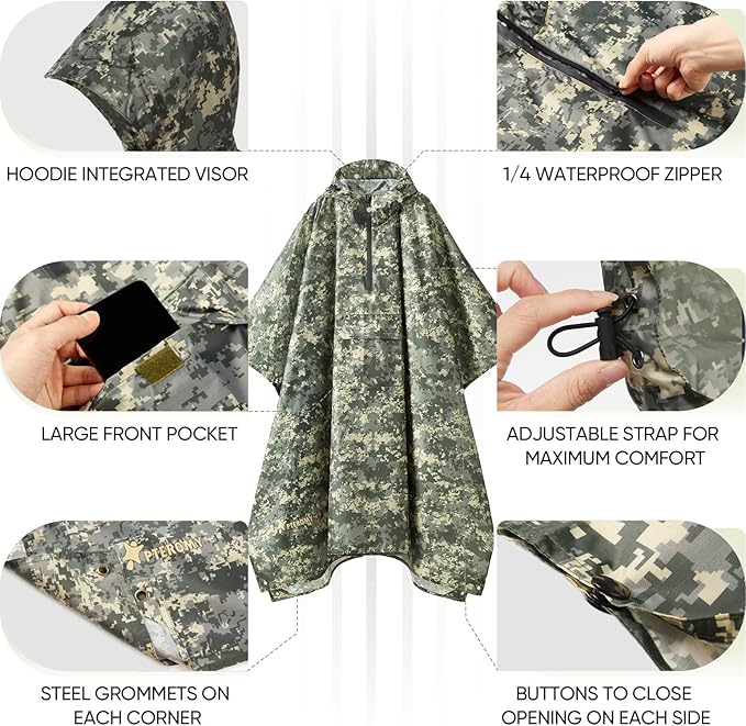 PTEROMY Hooded Rain Poncho for Adult with Pocket, Waterproof Lightweight Unisex Raincoat for Hiking Camping Emergency