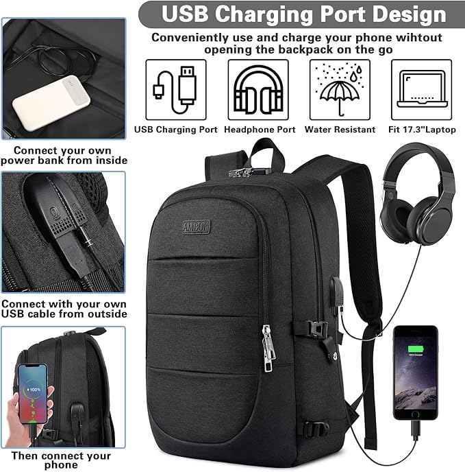 AMBOR Travel Laptop Backpack,18.4 inch Anti Theft Business Laptop Carry on Backpack with USB Charging Port and Headphone Interface, Backpack for Men & Women,Black