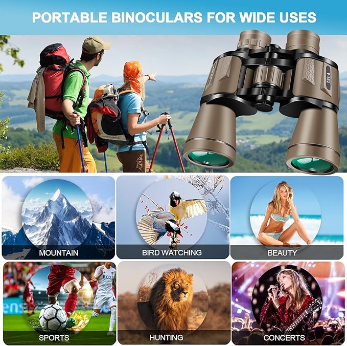 PISEZ 20X50 Binoculars for Adults High Powered with Low Light Vision，Large View Waterproof Binoculars for Bird Watching Hunting Concert Traveling Theater Opera Sightseeing