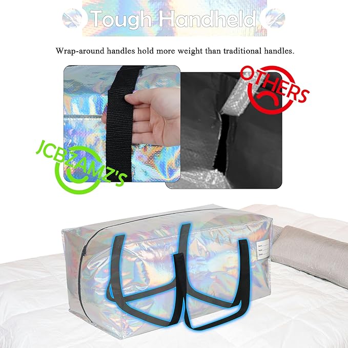 2 Pack Heavy Duty Moving Bags Extra Large Waterproof Foldable Clothing Storage Totes Bags with Zipper, Reinforced Handles, Packing Moving Boxes for Dorm & Seasonal Storage, Iridescent