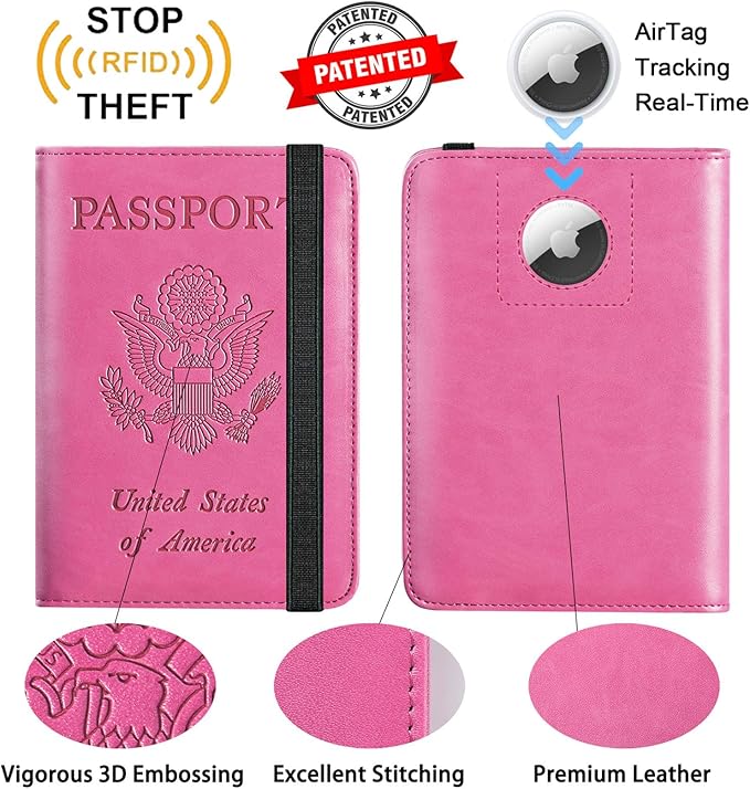 Airtag Passport Holder Cover Wallet Travel Essentials RFID Blocking Leather Card Case International Must Haves Travel Accessories for Women Men(119#Pink)