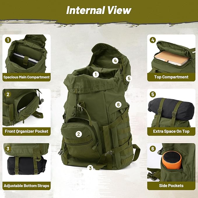 50L Tactical Backpack for Men and Women, Water-Resistant Molle Rucksack, Large Military Assault Pack for Hiking, Hunting, Camping, Gym & Outdoor Survival Green