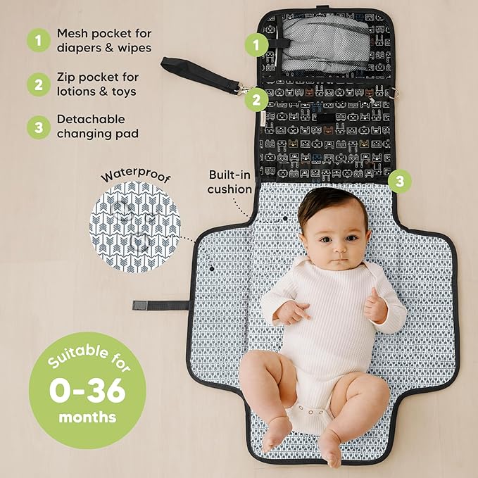 KeaBabies Portable Diaper Changing Pad - Large Waterproof Baby Changing Mat, Compact Travel Diaper Clutch, Functional Pockets Fit Newborn Essentials, Wipeable & Padded Baby Changer (Pixel)