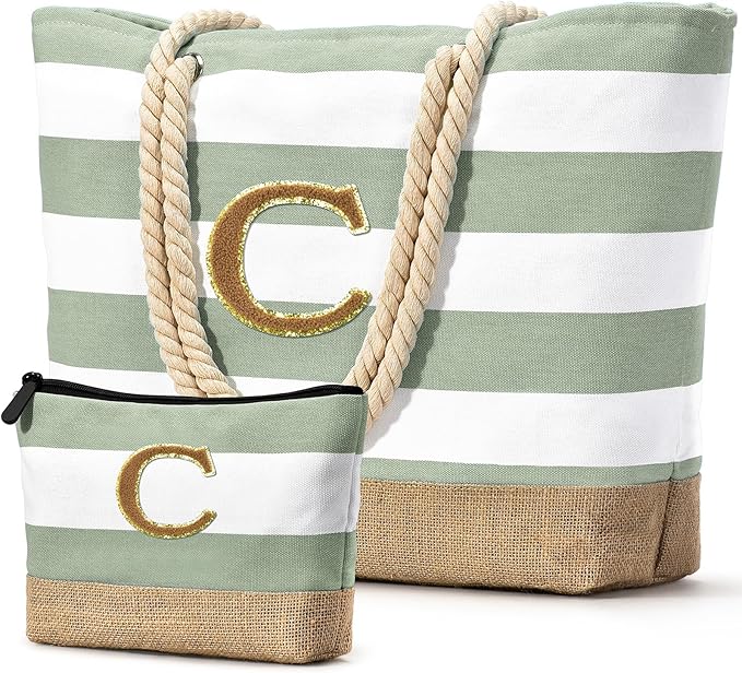Becokan Beach Bag Initial Beach Tote with Makeup Bag for Travel Work Storage Personalized Birthday Gifts for Women Her