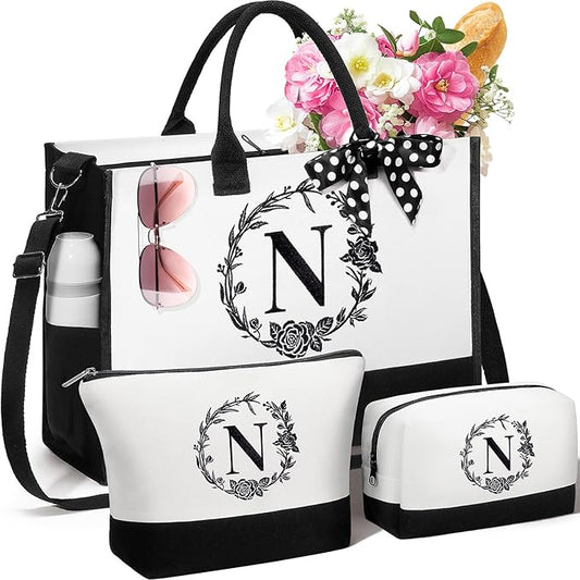 Personalized Christmas Gifts for Women, Initial Canvas Tote Bag & Makeup Bag Monogrammed Beach Tote Bags for Women w/Zipper, Birthday Gifts for Mom Her Sister Friend Girlfriend Wife Daughter Teacher