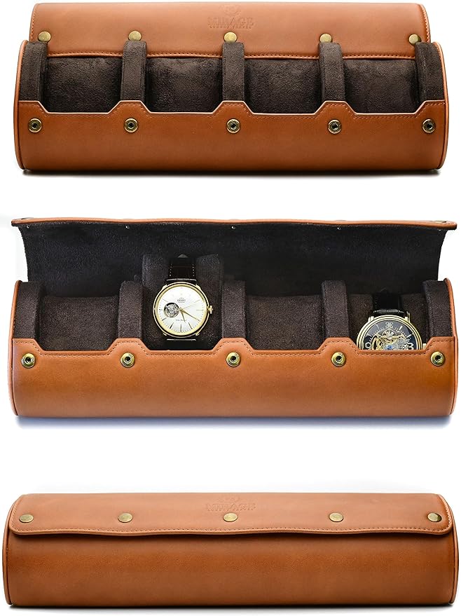 4 Watch Travel Case for Men – Leather Watch Roll Case Storage for Travel - Brown Full Grain Cow Leather