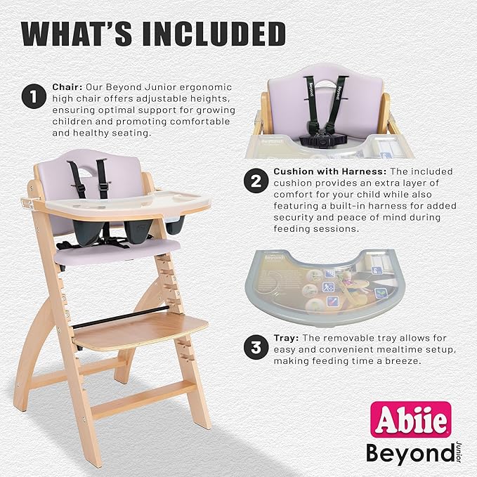 Abiie Beyond Junior Wooden High Chair with Tray - Adjustable and Convertible High Chair for Babies and Toddlers - 6 Months to 250 Lb - Water Resistant - Natural Wood with Lilac Cushion