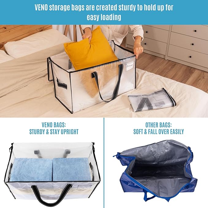 VENO 2 Pack Moving Bags, Comforter and Blanket Storage Bags for Closet, Moving Boxes, Boxes with Lids Alternative, College Dorm Packing Supplies, Foldable Heavy-Duty Tote with Window (Clear, 2 Pack)