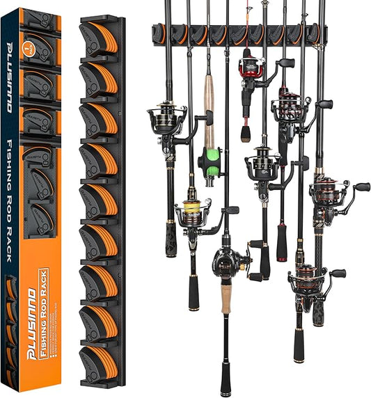 PLUSINNO V9 Vertical Fishing Rod Holders, Wall Mounted Fishing Pole Holders, Fishing Rod Rack Holds Up to 9 Rods or Combos, Fishing Rod Holders for Garage, Fits Most Rods of Diameter 3-19mm