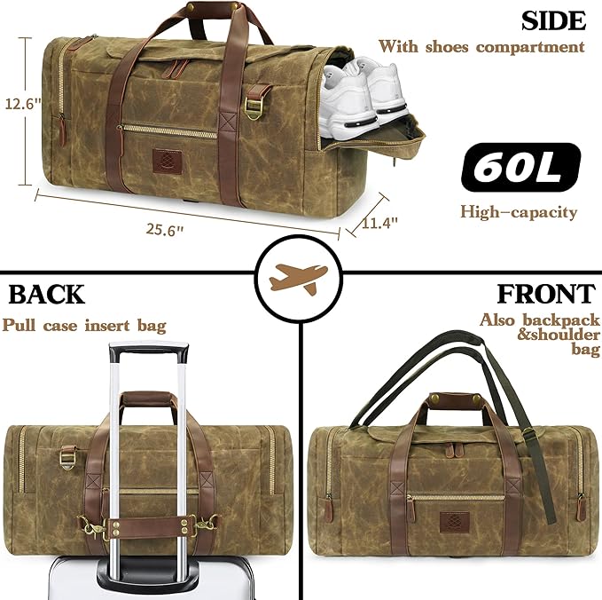 60L Travel Bags for Men, Nomad Washed Canvas Duffle Bag Vintage Genuine Leather Travel Duffel Bag Multifunctional Weekender Overnight Backpack with Shoes Compartment