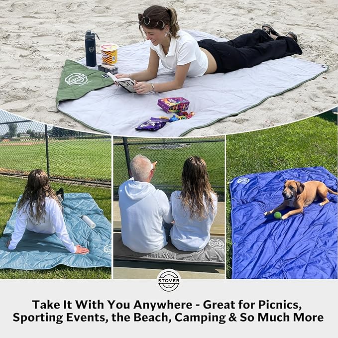 STOVER Outdoor Waterproof Fleece Travel Blanket for Camping, Picnics, Stadiums, Sports, The Beach– Warm, Windproof, Compact, Lightweight & Sand-Resistant (Olive Green)